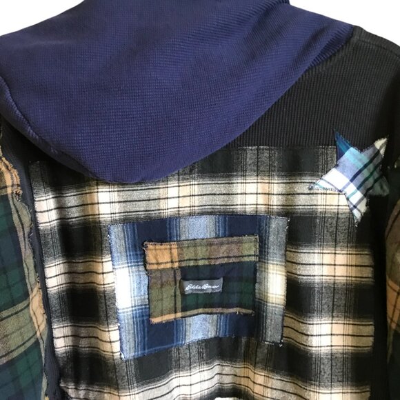 Upcycled Waffle Knit Hoodie: Plus Size XL-2X, Plaid Patches & Appliquéd Stars - Picture 8 of 13